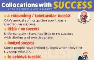 English collocations with success with examples. Speak better English with Harry at www.englishlessonviaskype.com #learnenglish #englishlessons #tienganh #EnglishTeacher #vocabulary #ingles #อังกฤษ #английский #aprenderingles #english #cursodeingles #учианглийский #vocabulário #dicasdeingles #learningenglish #ingilizce #englishgrammar #englishvocabulary #ielts #idiomas