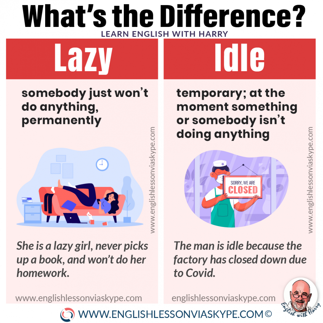 Difference between Lazy and Idle • Learn English with Harry 👴  English  vocabulary words learning, English phrases idioms, Study english language